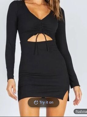 Princess Polly Black Long Sleeve Ruched Front Cutout Dress